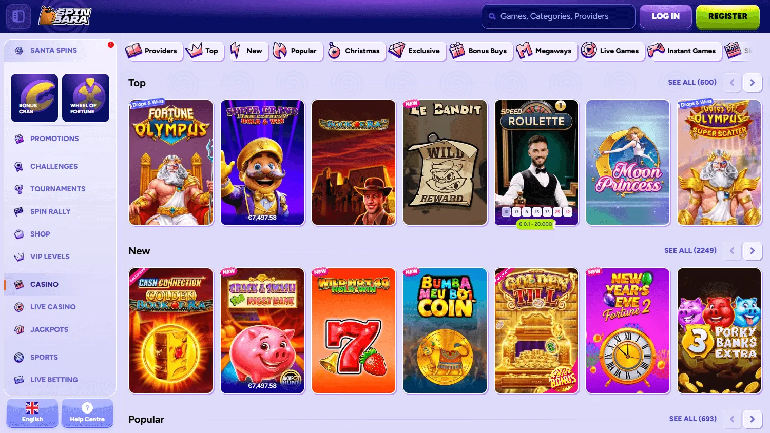 Spinbara Casino desktop games page