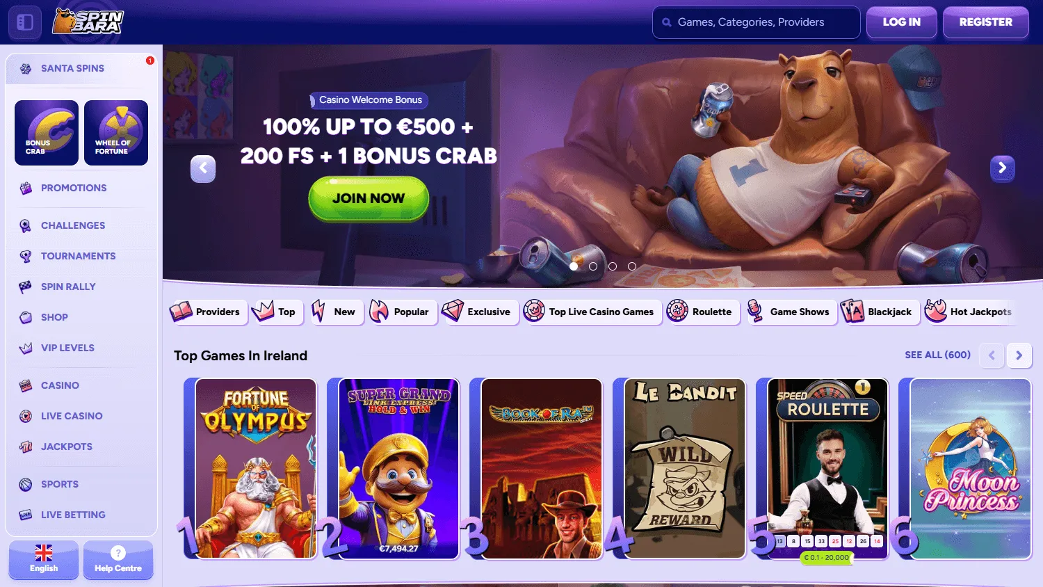 Spinbara Casino desktop home page