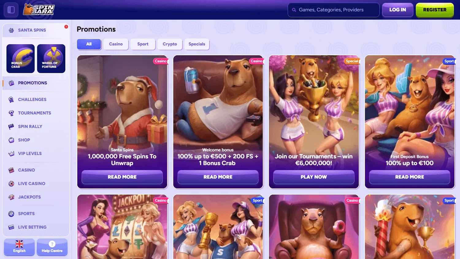 Spinbara Casino desktop promotions page