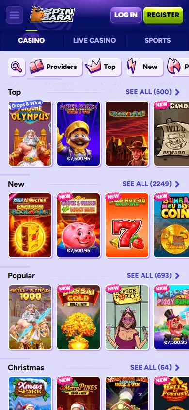 Spinbara Casino mobile games page on a smartphone