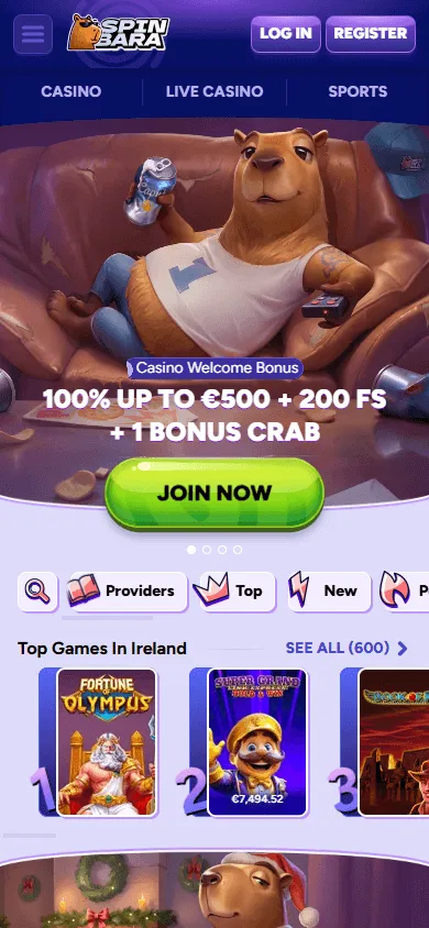 Spinbara Casino mobile home page on a smartphone