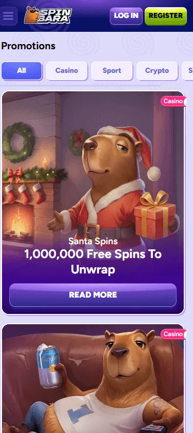 Spinbara Casino mobile promotions page on a smartphone
